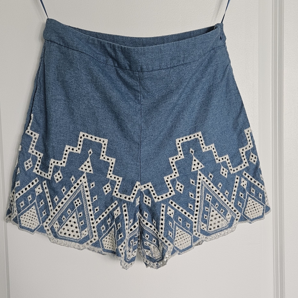Francesca's Collections Denim Blue High Waist Shorts with White Embroidery